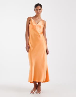 Asos Design High Apex Satin Midi Dress In Orange