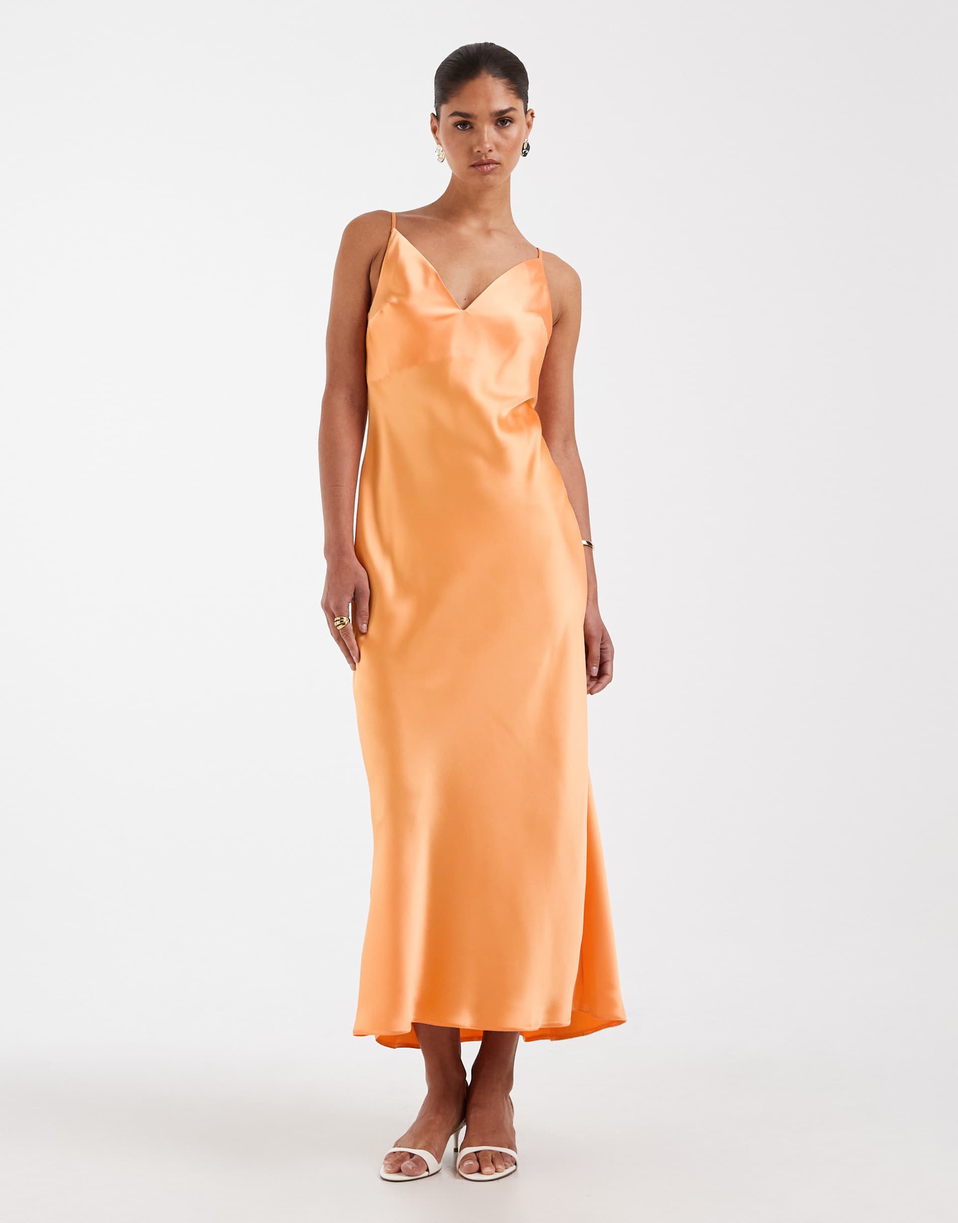asos design high apex satin midi dress in light orange