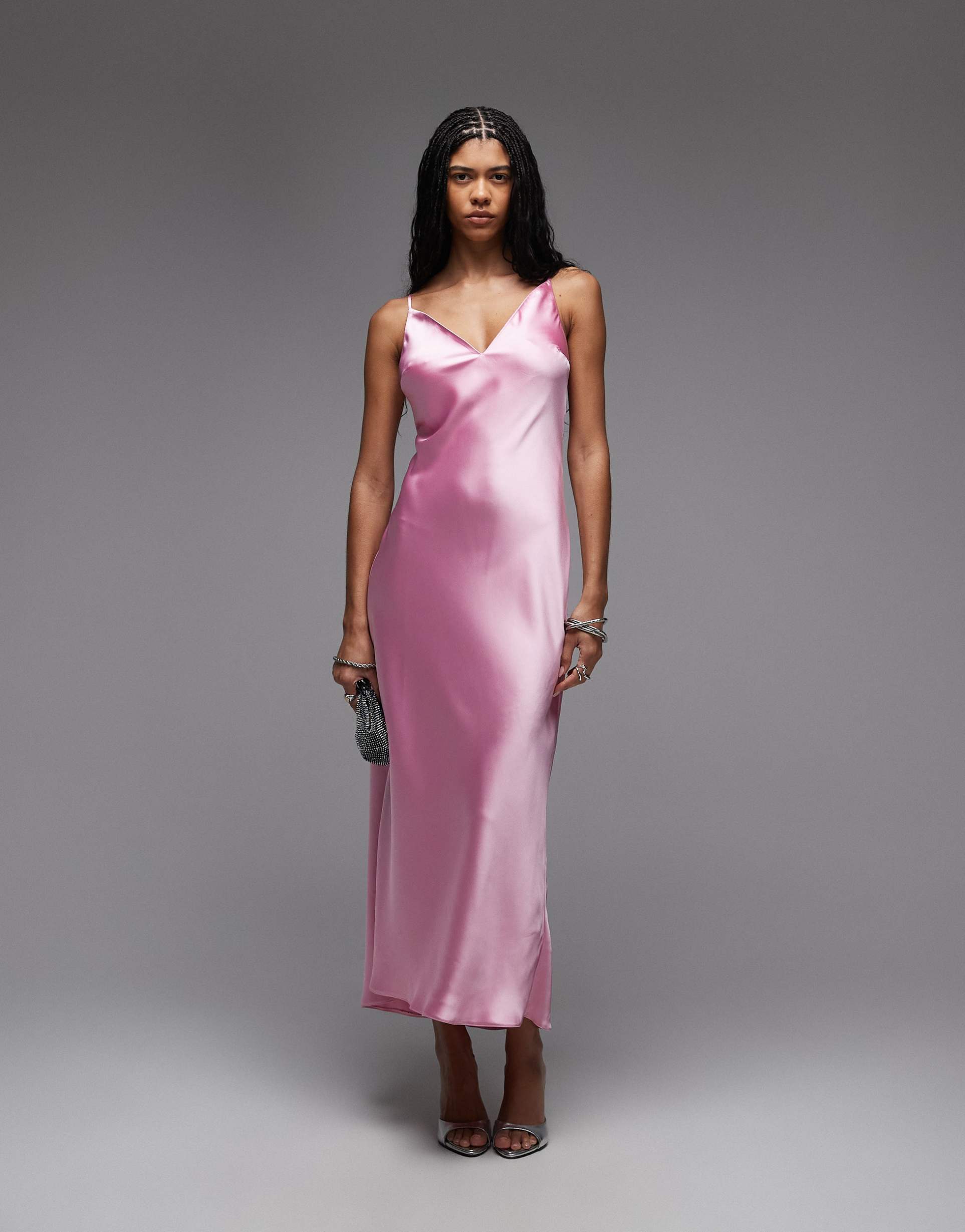 asos design high apex satin midi dress in sugar pink