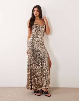 Asos Design High Apex Sequin Maxi Dress With Square Neck Detail In Brown