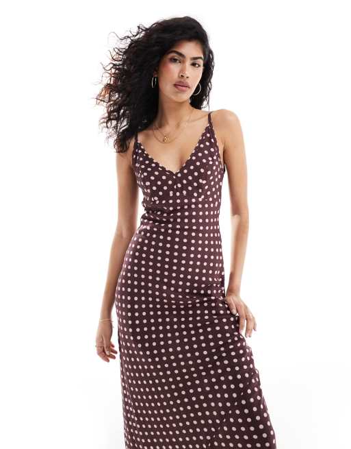 ASOS DESIGN high apex spun midi dress in brown and pink spot, 4 of 4