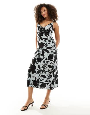 Asos Design High Apex Spun Midi Dress In Gray Floral Print-multi