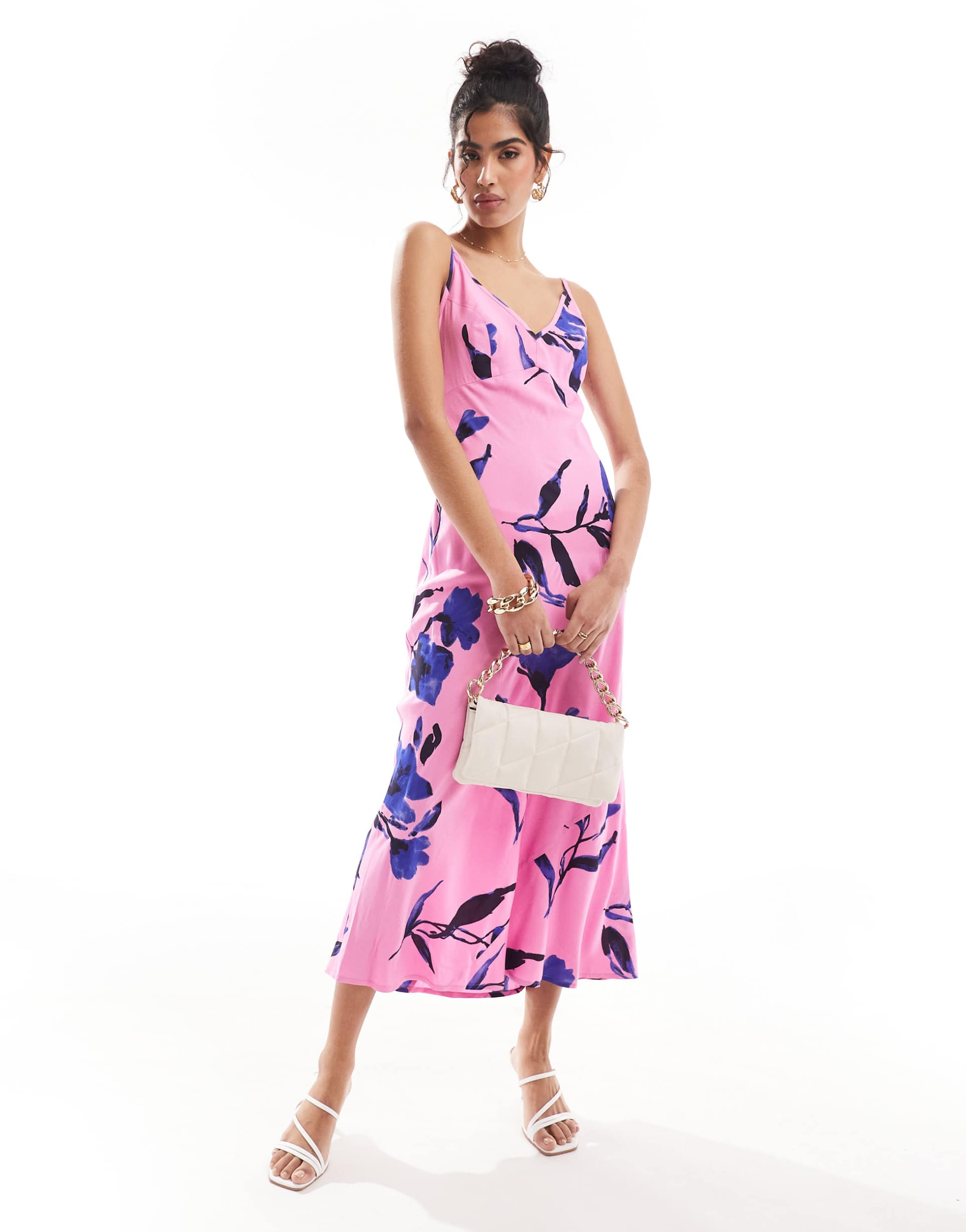 asos design high apex spun midi dress in pink floral print