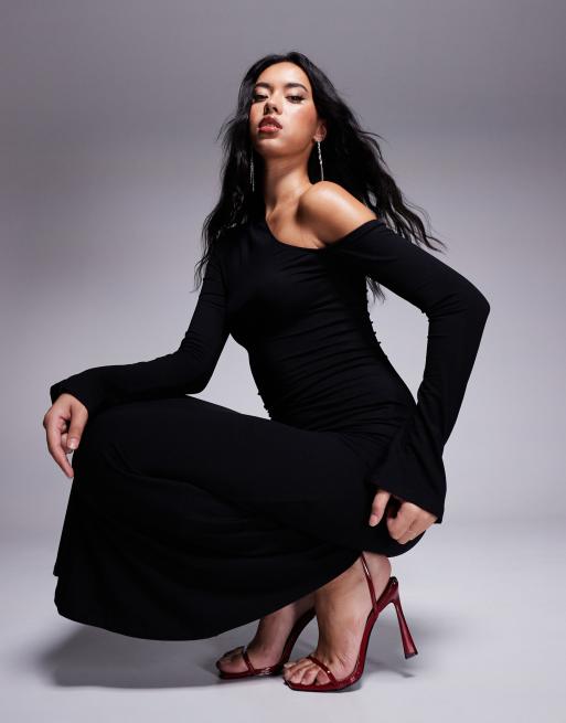 ASOS DESIGN high asymmetric neck angel sleeve midi dress in black
