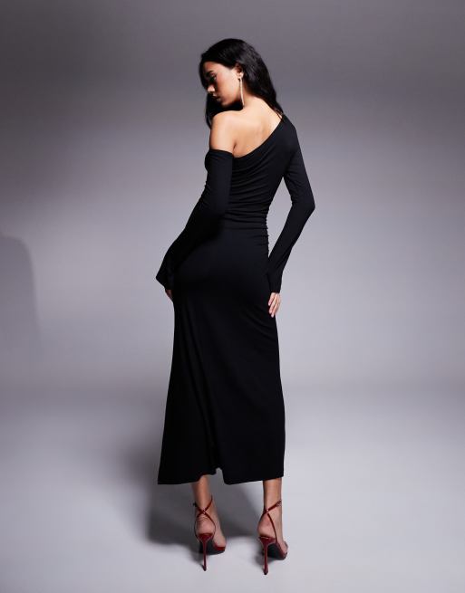 ASOS DESIGN high asymmetric neck angel sleeve midi dress in black