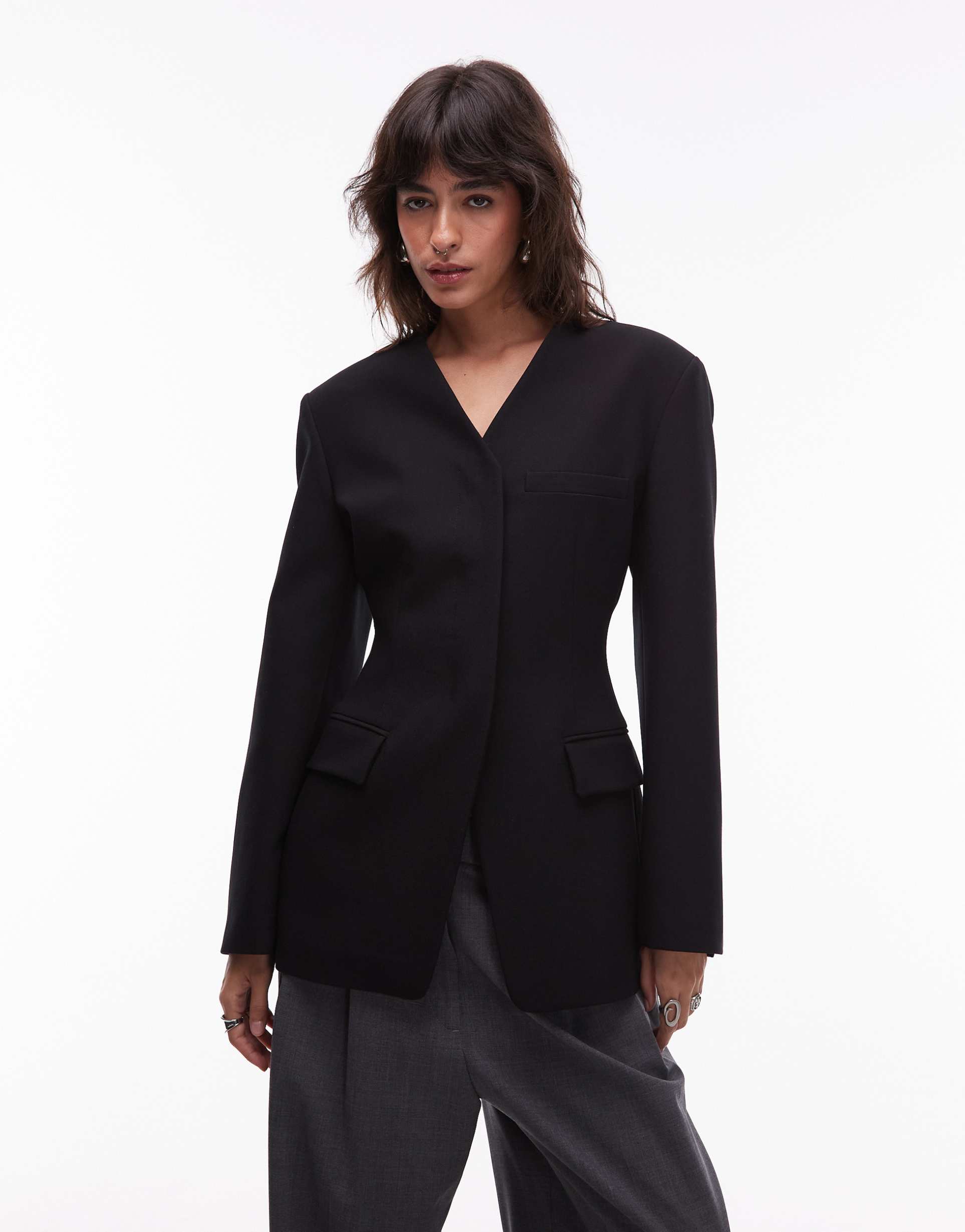 asos design high break fitted waist blazer in black