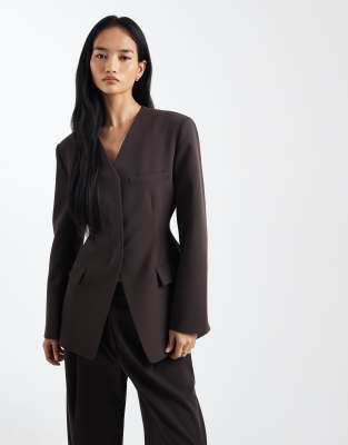 Asos Design High Break Point Collarless Blazer In Brown