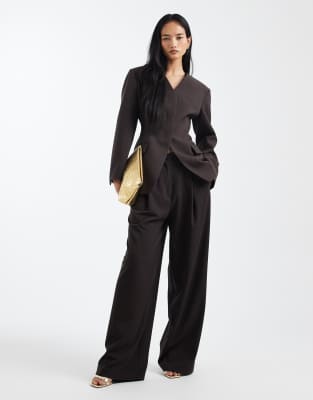 Asos Design High Break Point Collarless Blazer In Brown