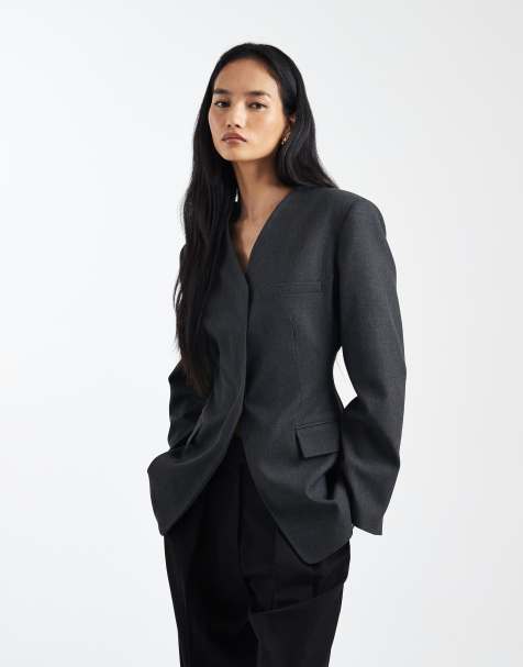 ASOS DESIGN high break point collarless blazer in grey