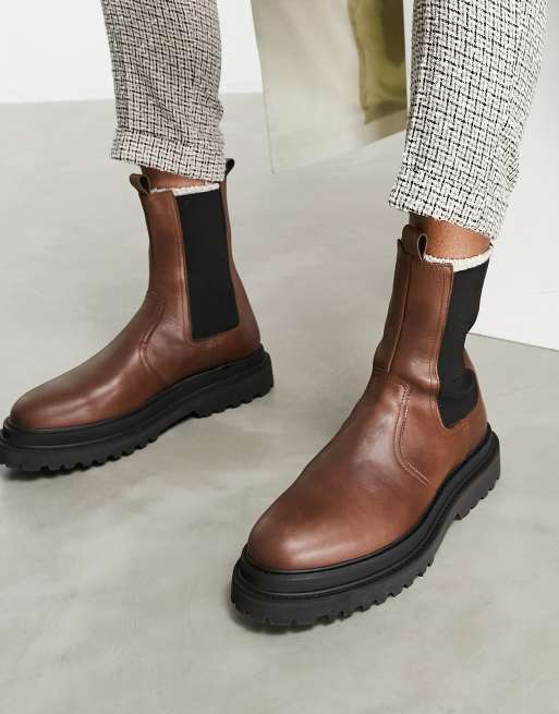 DESIGN high chelsea calf boots on chunky sole in brown | ASOS