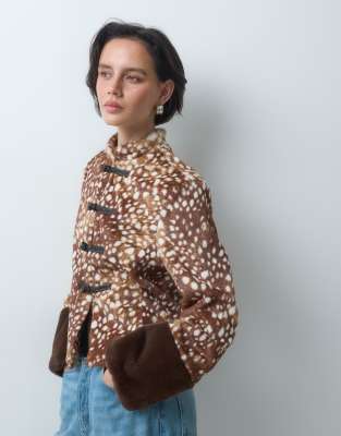 Asos Design High Collar Formal Coat With Faux Fur Cuffs In Multi