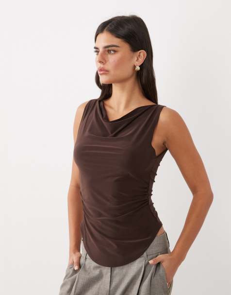 ASOS DESIGN high cowl draped top in chocolate