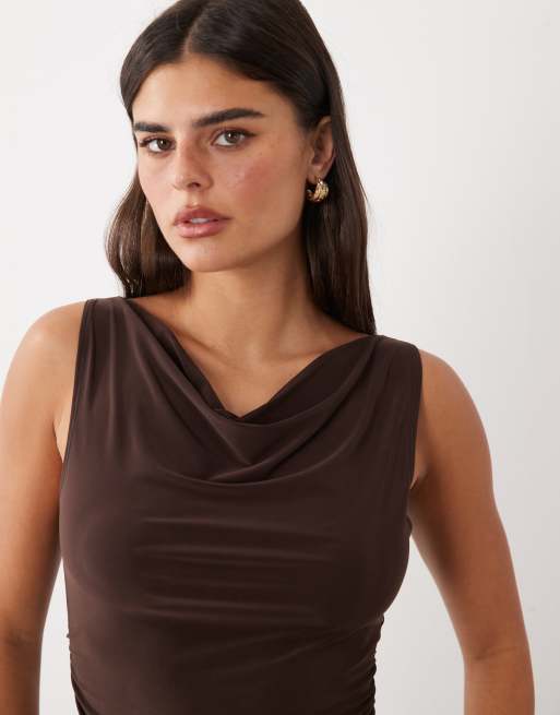 ASOS DESIGN high cowl draped top in chocolate, 3 of 4