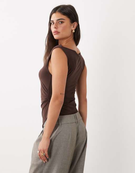 ASOS DESIGN high cowl draped top in chocolate, 4 of 4