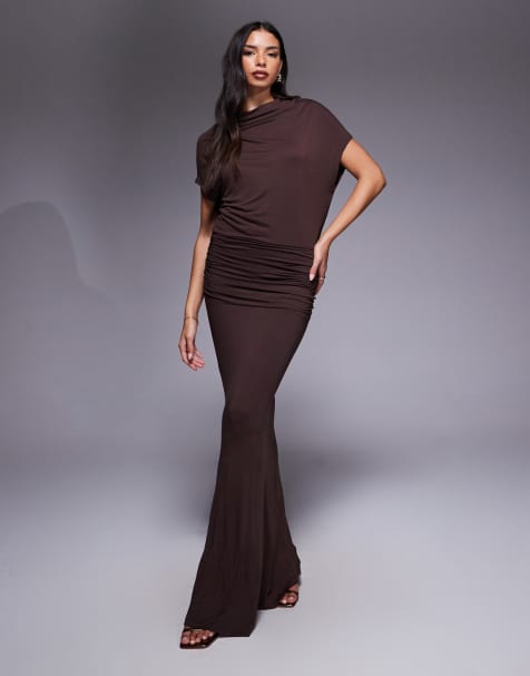 ASOS DESIGN high cowl neck drape maxi dress in chocolate - view 1