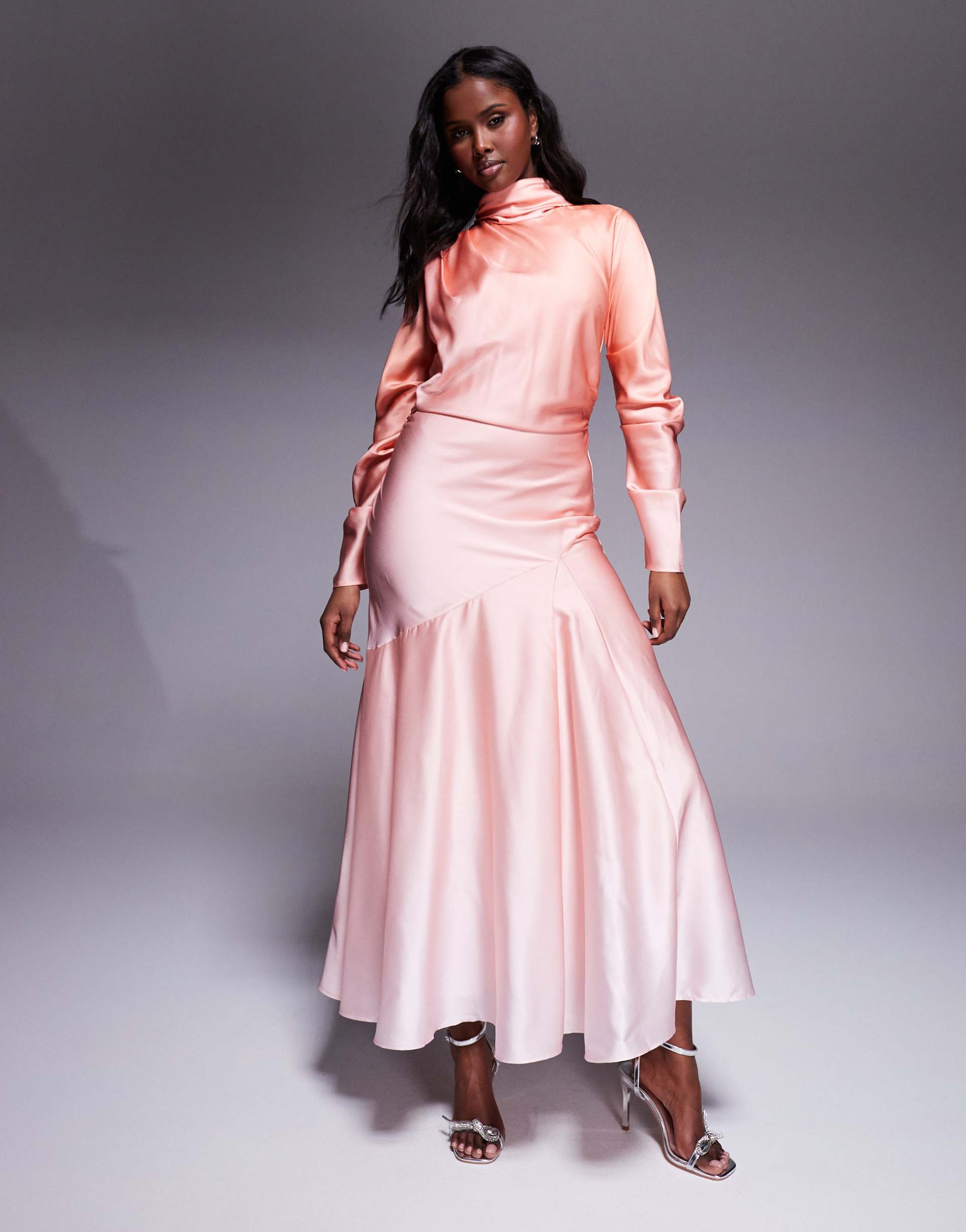 asos design high cowl neck maxi dress in coral ombre