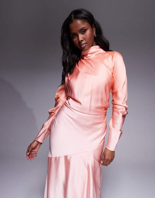ASOS DESIGN high cowl neck maxi dress in coral ombre