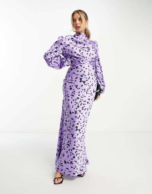 ASOS DESIGN high cowl neck satin maxi dress with pleated belt in lilac animal