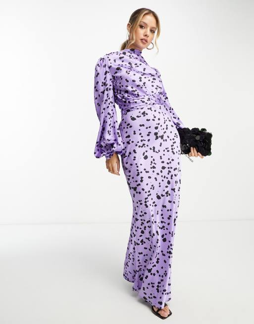 ASOS DESIGN high cowl neck satin maxi dress with pleated belt in lilac  animal