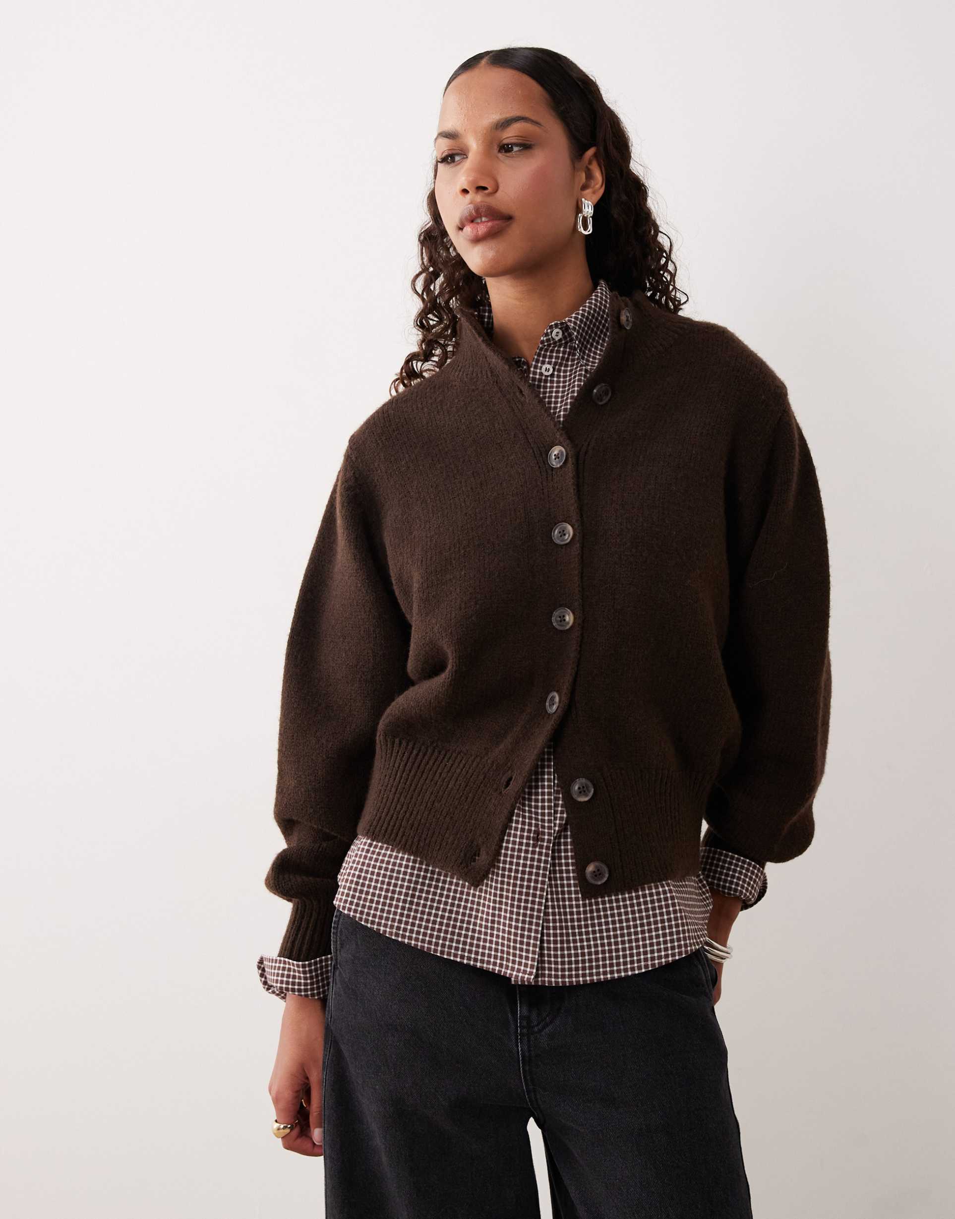 asos design high crew neck cardigan in chocolate