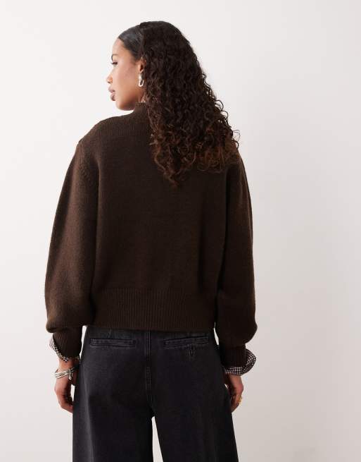 ASOS DESIGN high crew neck cardigan in chocolate, 3 of 4