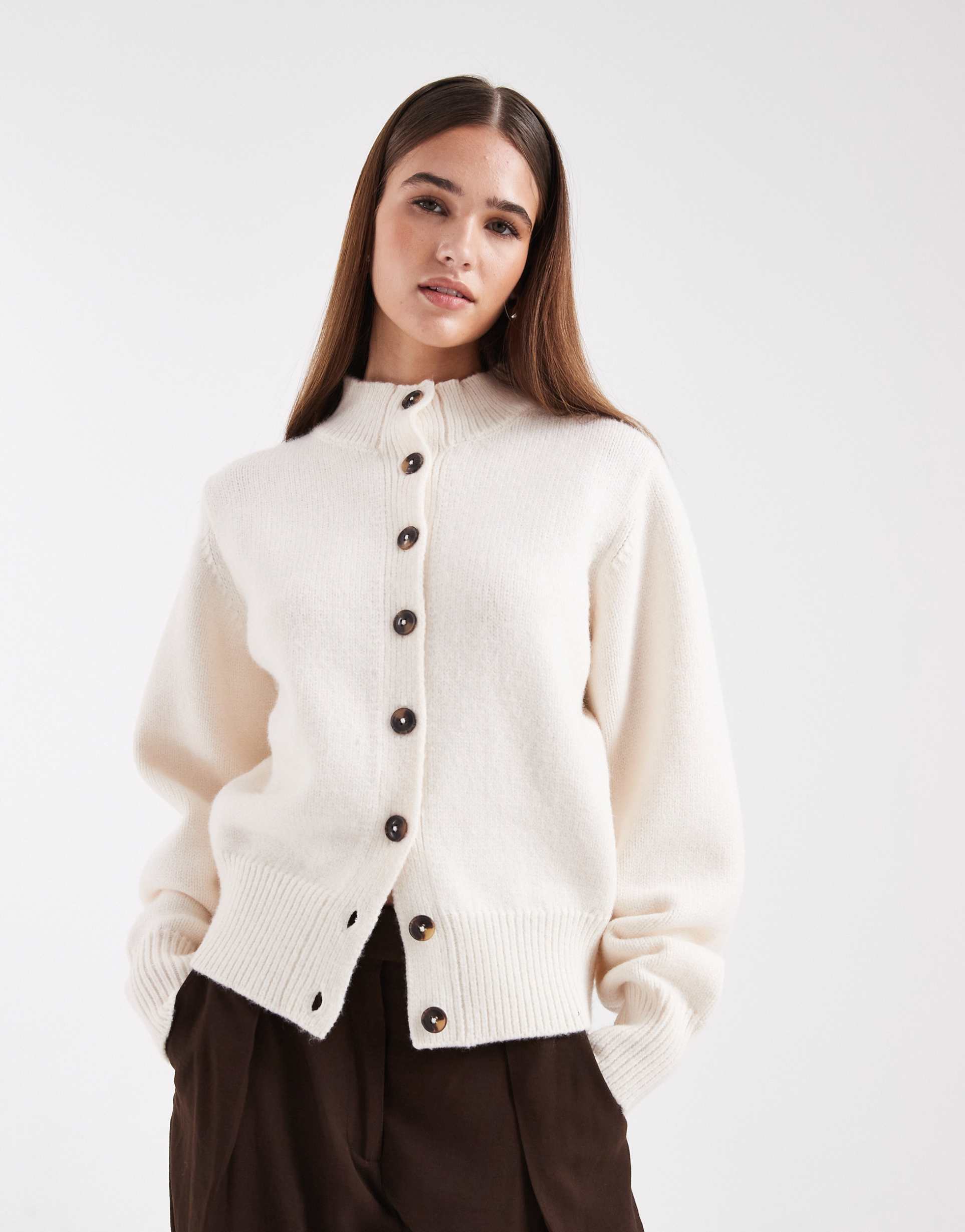 asos design high crew neck cardigan in cream