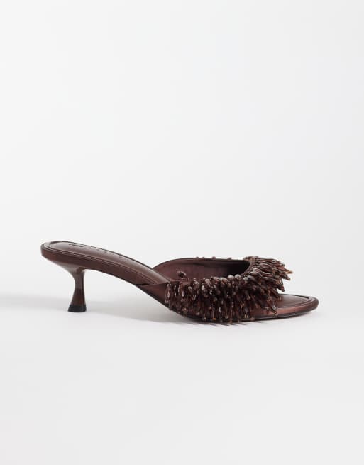 ASOS DESIGN High-five beaded kitten heel mules in chocolate, 2 of 8