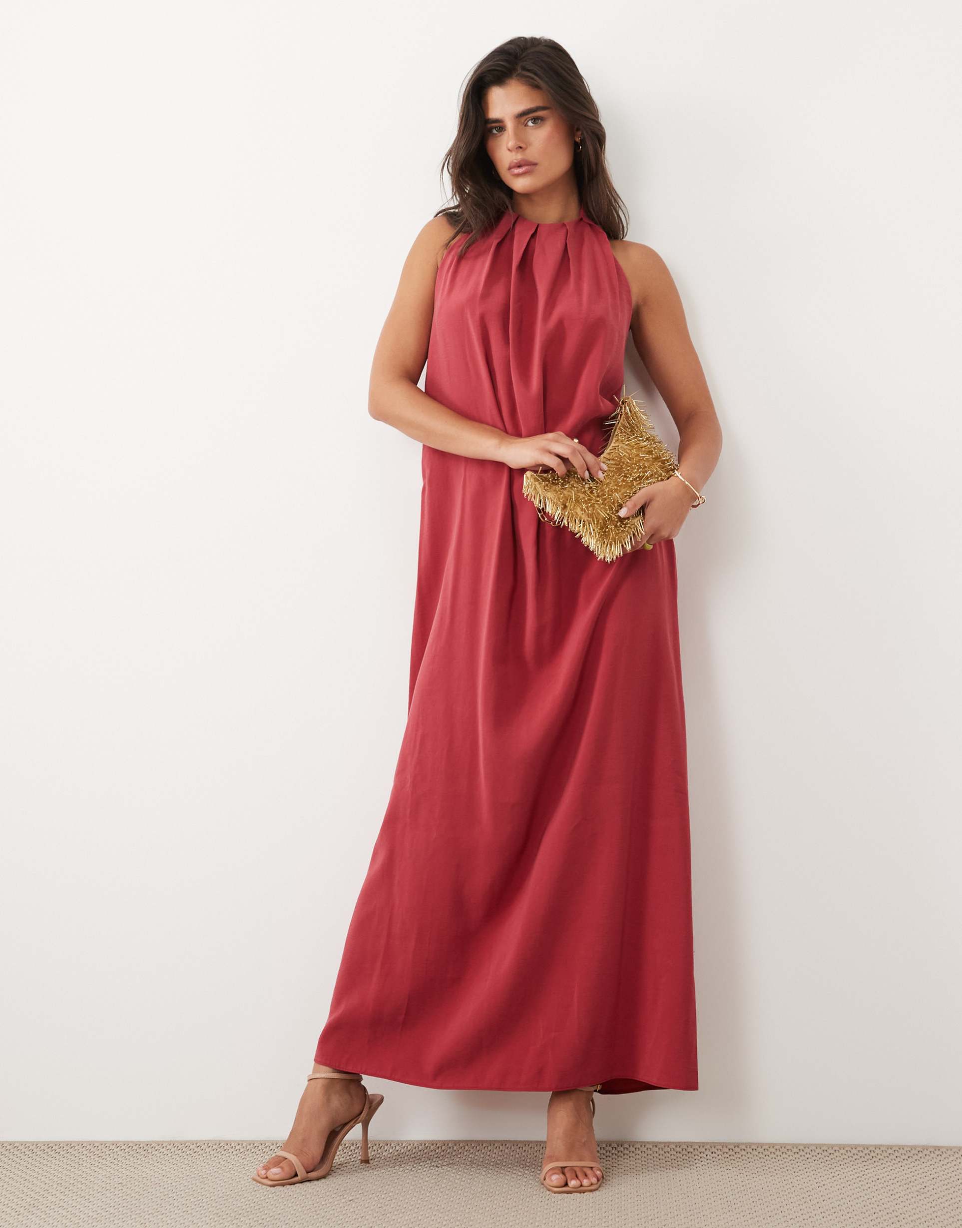 asos design high gathered neck maxi dress with open back in burgundy