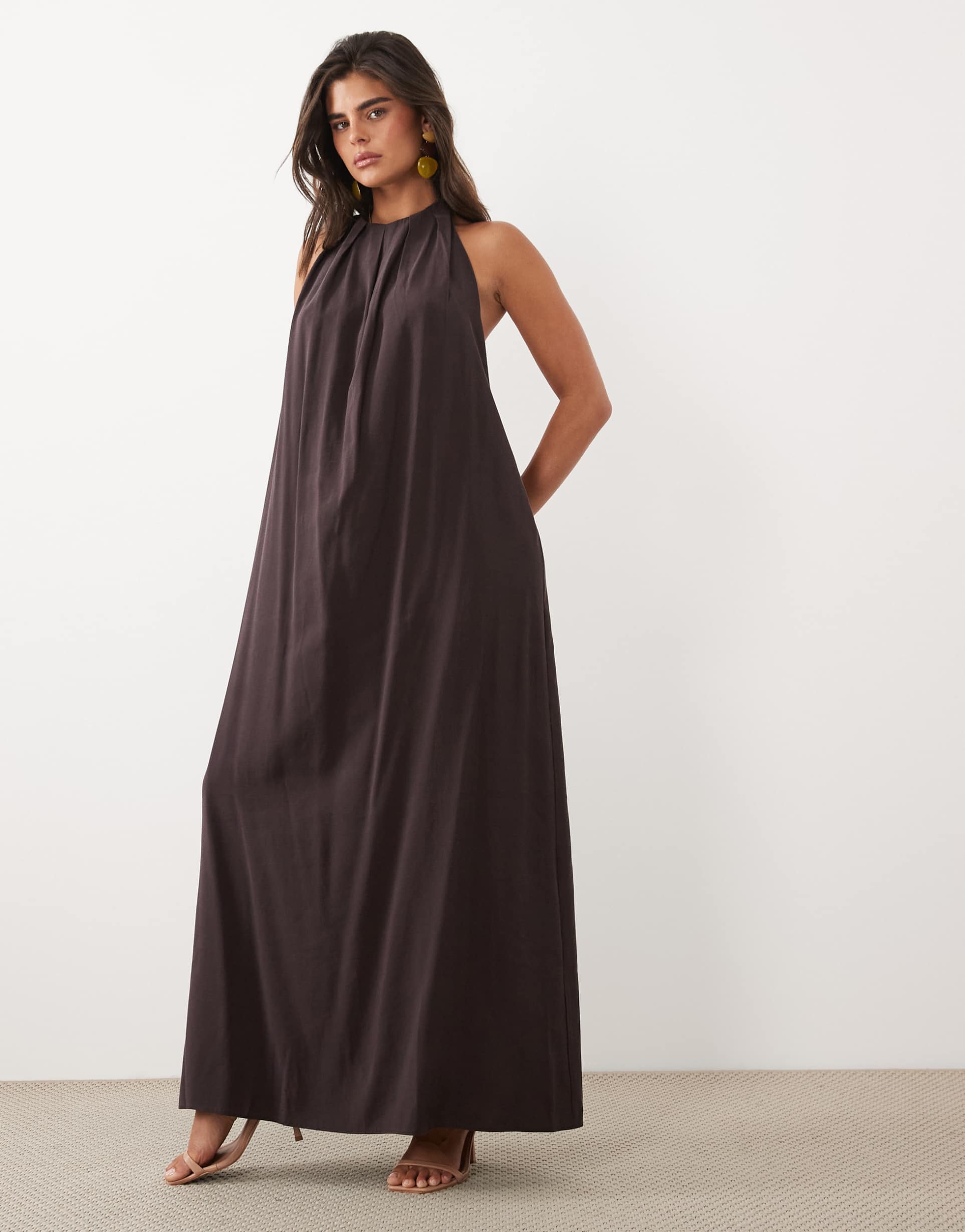 asos design high gathered neck maxi dress with open back in chocolate