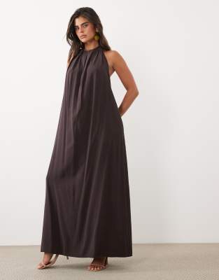 Asos Design High Gathered Neck With Open Back Maxi Dress In Brown