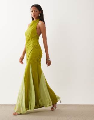Asos Design High Halter Mesh Maxi Dress With Contrast Godets In Multi