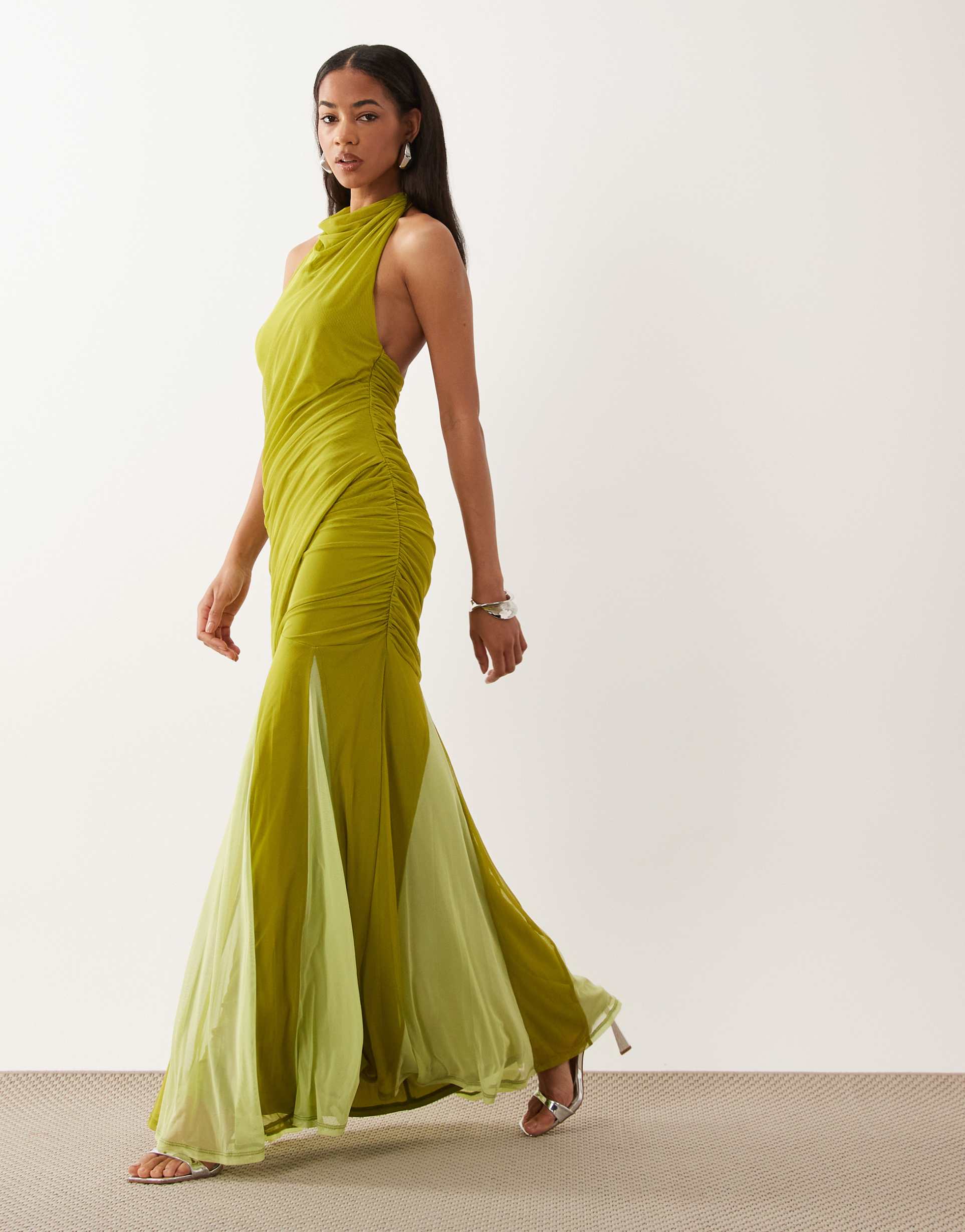 asos design high halter mesh maxi dress with contrast godets in lime