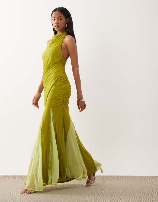 lime green color dress Damsel Reverse Halter Frill Trim Maxi Dress Sage main image 1
