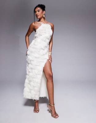 Asos Design High Halter Neck Thigh Slit Textured Maxi Dress In Ivory-white