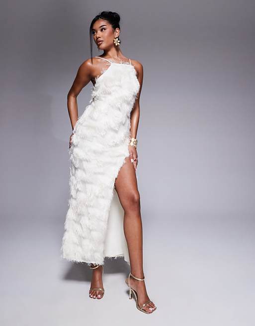 white maxi dress with slit Long Off Shoulder Satin by Ladivine 7493W and graduation Elegant White Long Sleeves Prom