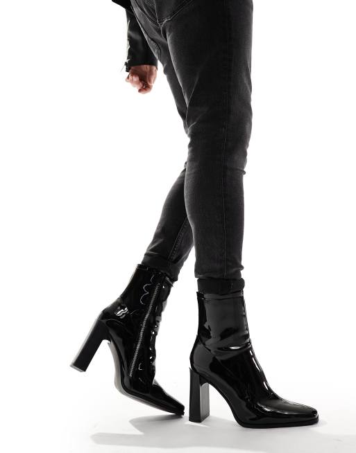 ASOS DESIGN heeled boots in black patent faux leather - ShopStyle