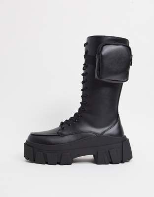 Asos Design High Lace Up Calf Boots In Black Faux Leather On  display picture 1
