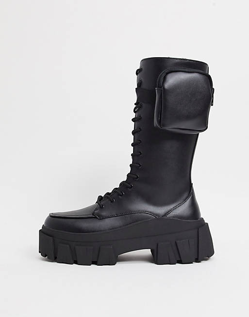 asos.com | ASOS DESIGN high lace up calf boots in black faux leather on chunky sole with pocket detail