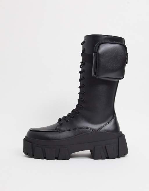 black lace up calf high boots