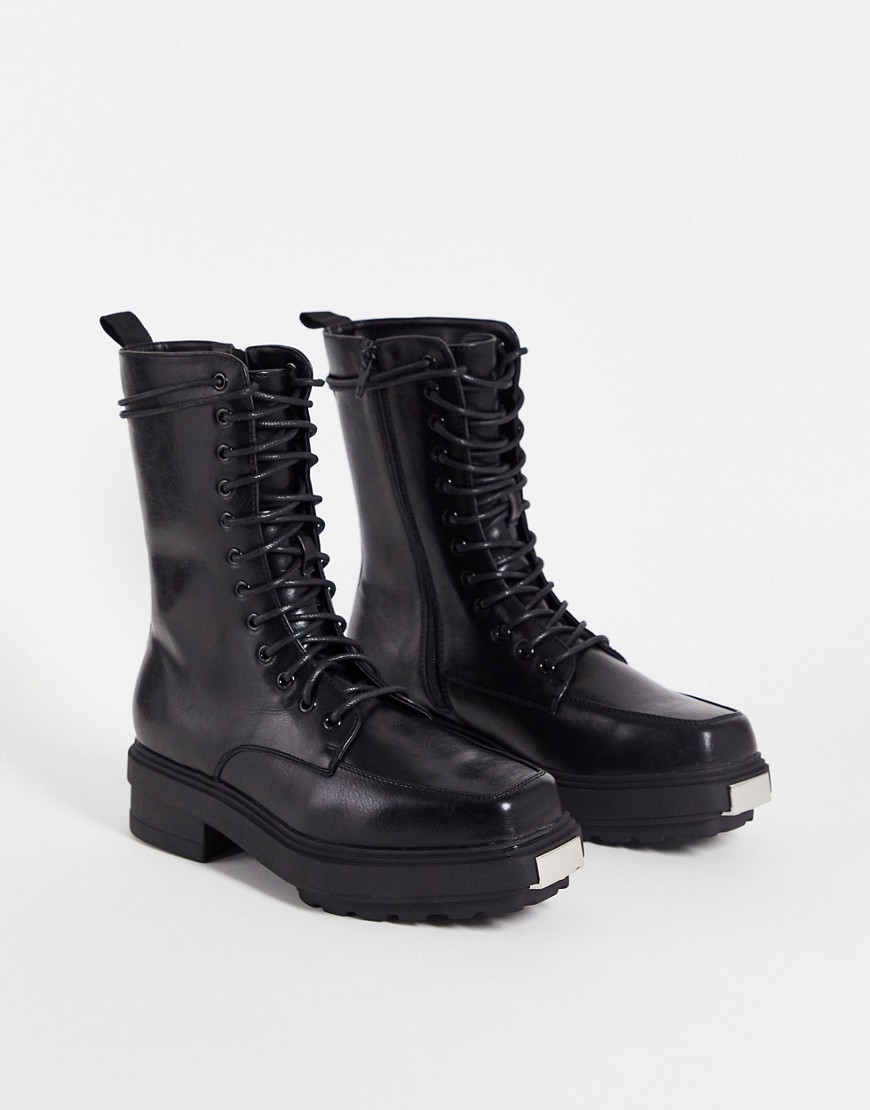 ASOS DESIGN high lace up calf boots in black faux leather with raised chunky square toe sole