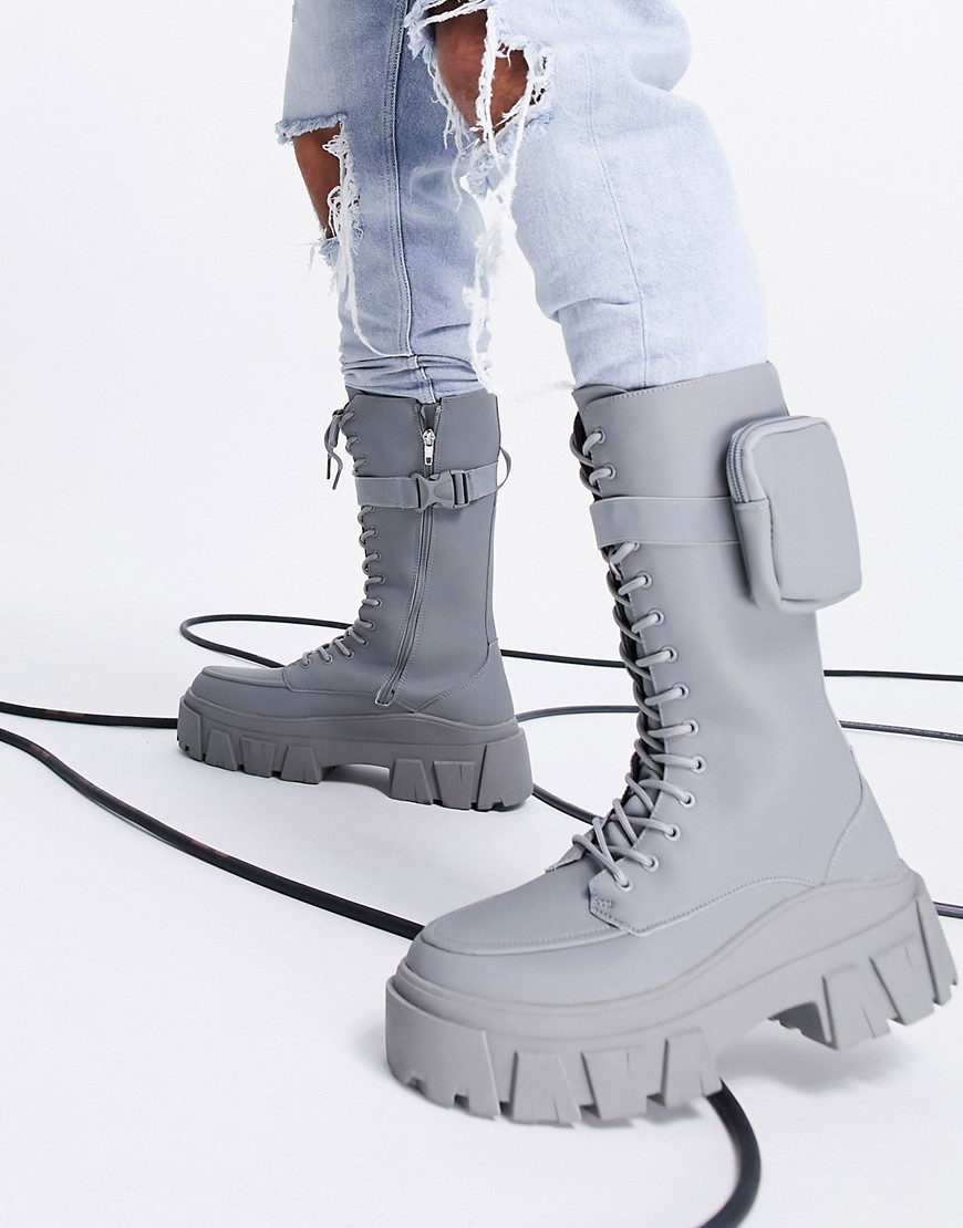 ASOS DESIGN high lace up calf boots in gray faux leather on chunky sole with pocket detail-Grey