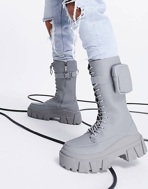 asos.com | ASOS DESIGN high lace up calf boots in grey faux leather on chunky sole with pocket detail