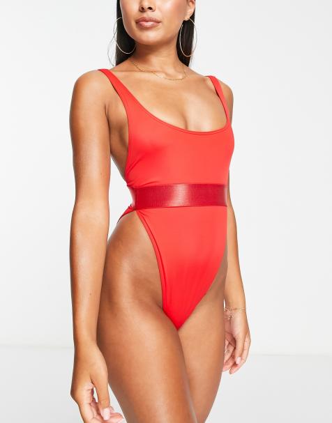 ASOS DESIGN high leg elastic swimsuit in red - RED - view 1