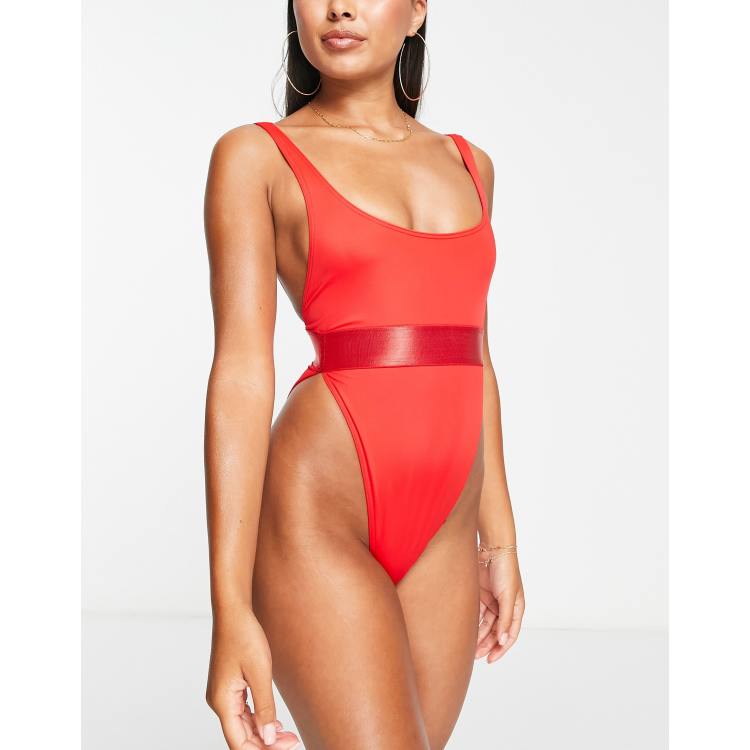 ASOS DESIGN high leg elastic swimsuit in red - RED