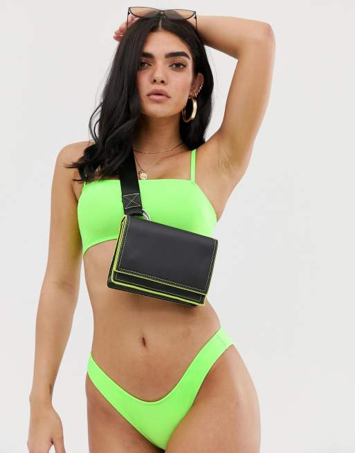 Weekday Pearl tight rib high waist bikini bottoms in neon green