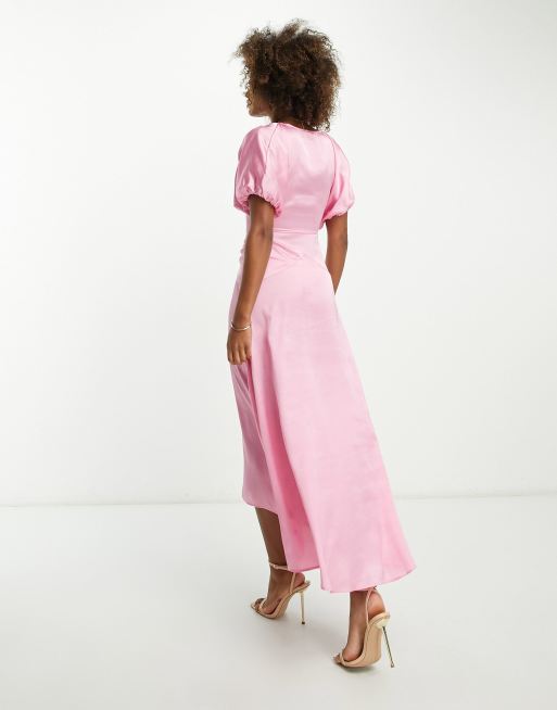 ASOS DESIGN high low hem satin batwing midi dress with button through detail in pink