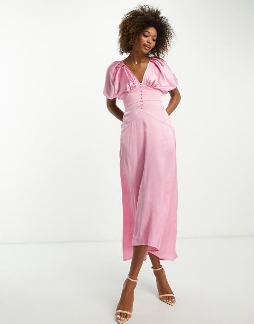 ASOS DESIGN high low hem satin batwing midi dress with button