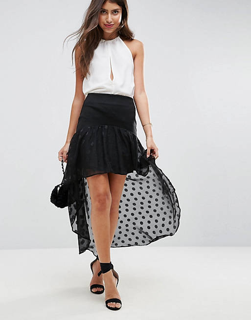 ASOS DESIGN high low hem skirt with spot chiffon detail