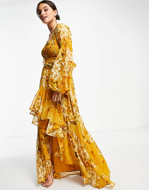 Dresses high low maxi dress in textured chiffon floral print with belt and pintuck detail 