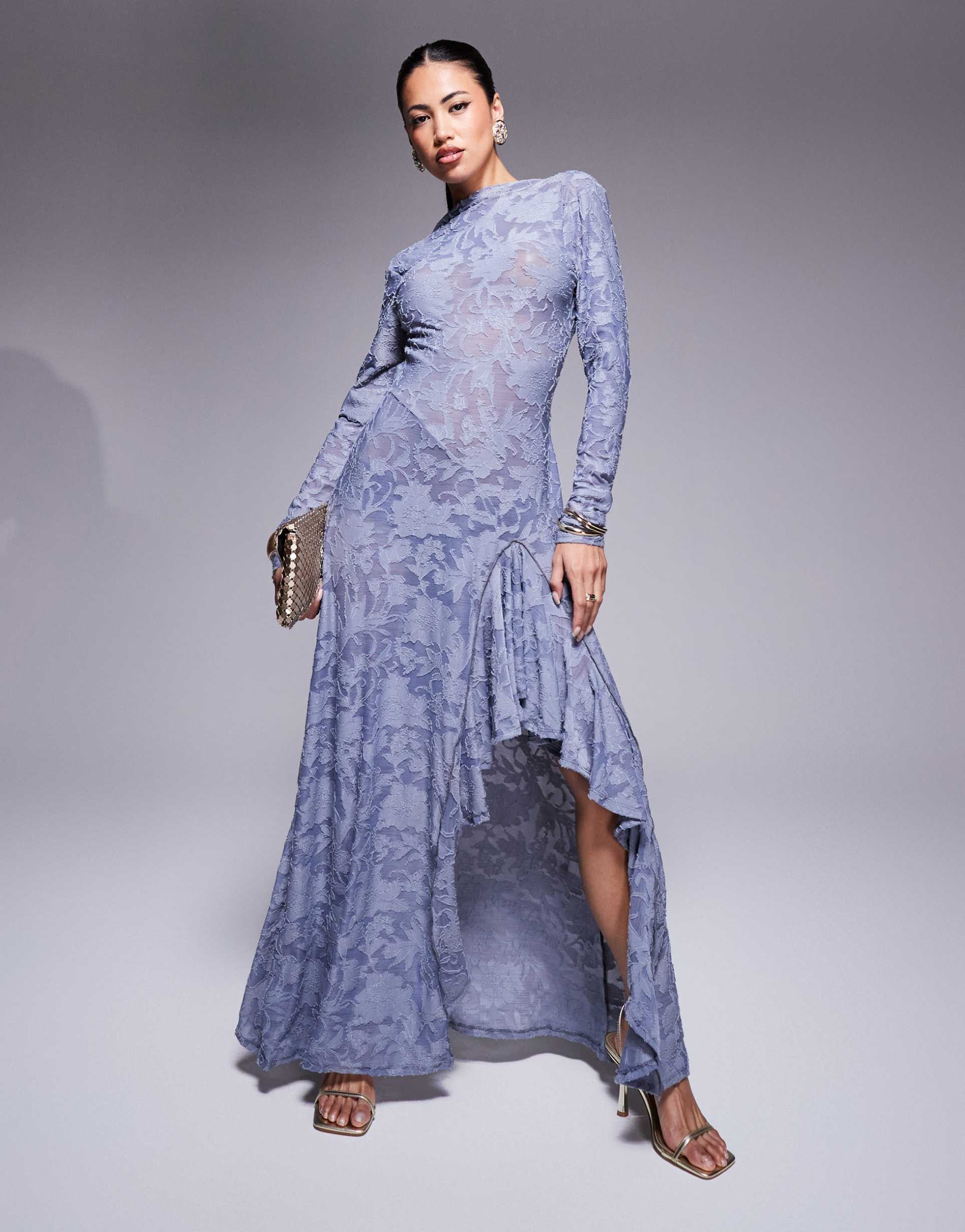 asos design high low maxi dress with open back in blue burnout